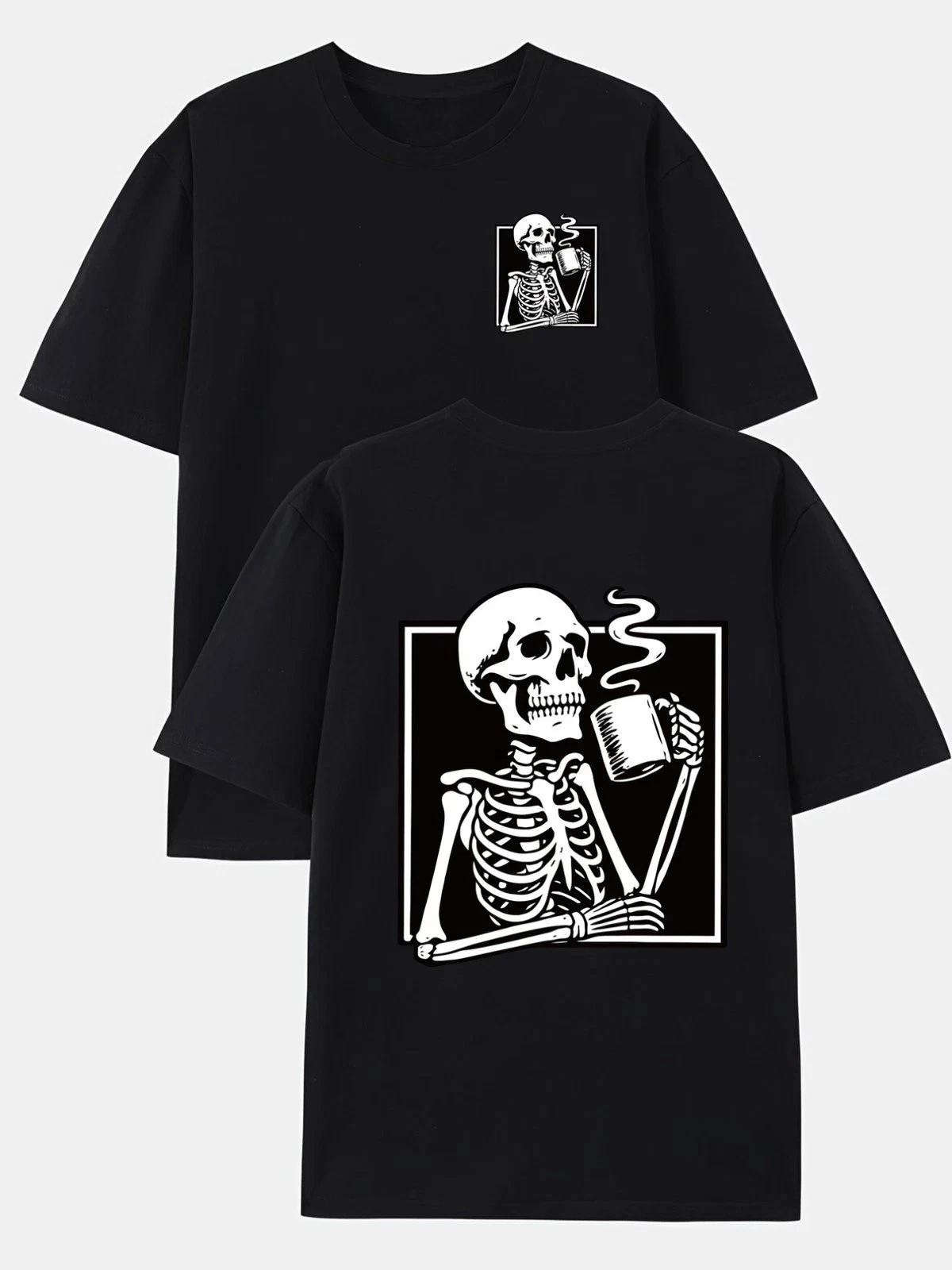 Skull Coffee Bone Pattern Double Sided Print Mens Trendy Graphic Tee 3XL