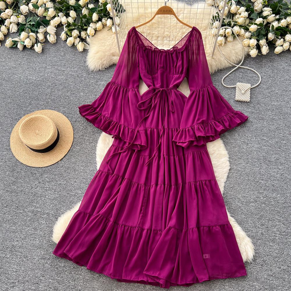 French gentle wind square collar strap lantern sleeve dress women's spring pure desire wind waist thin temperament long dress