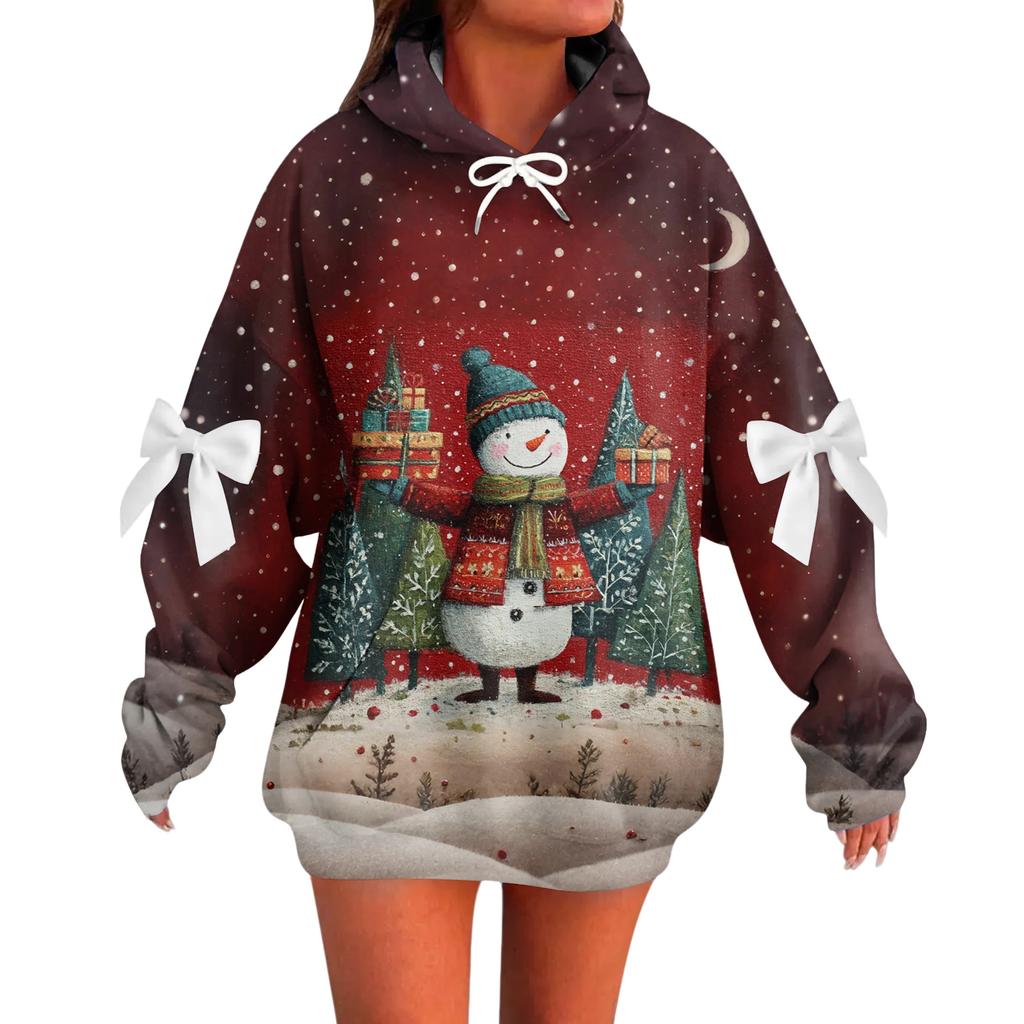 Ladies' Christmas Printed Bow Long Sleeved Loose Fitting Headband With Rope Hooded Sweatshirt Top