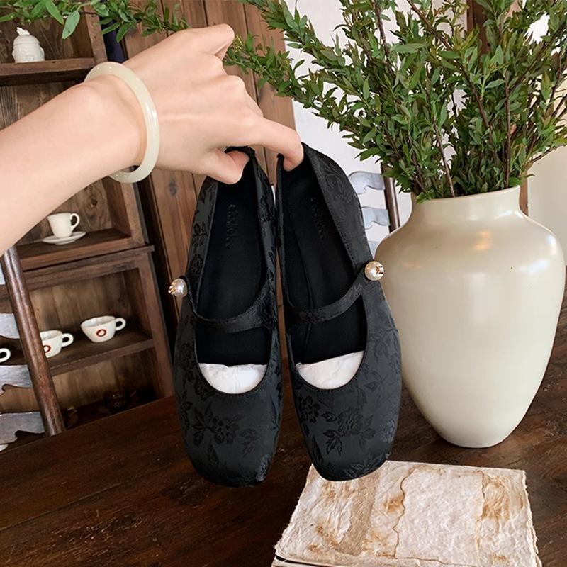 ~ Pearl word with square head jacquard Mary Jane single shoes evening jade
