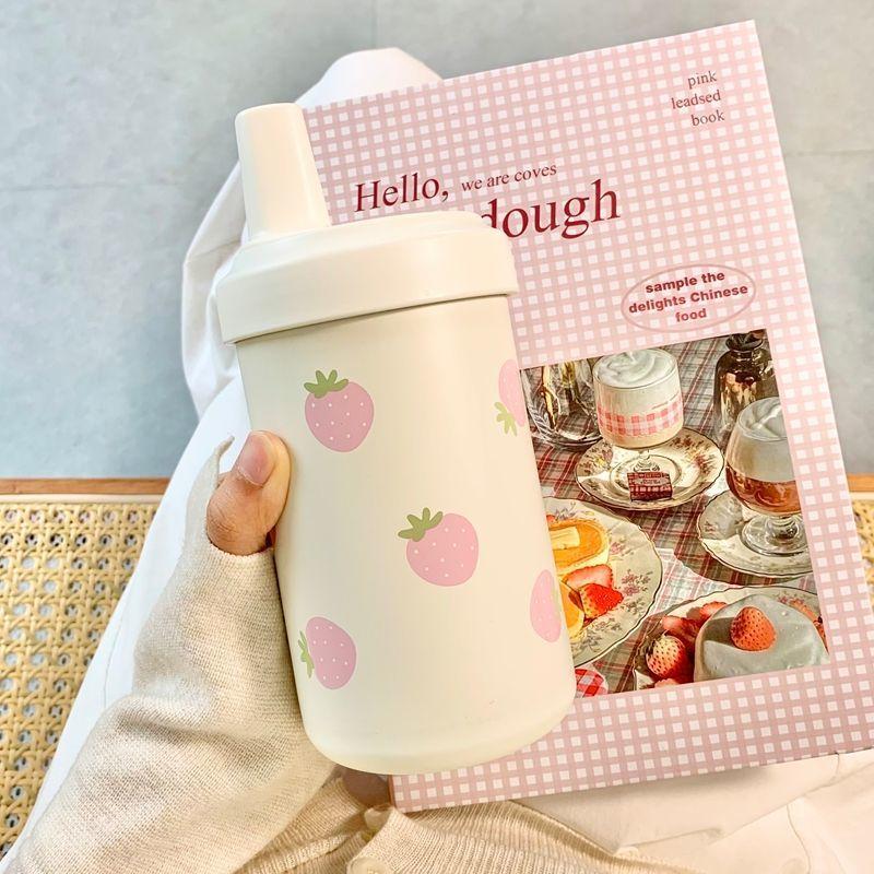 Kawaii Strawberry Thermos Bottle Stainless Steel Vacuum Insulated Straw Cup Cute Girls Outdoor Ice Coffee Drinking Water Cup
