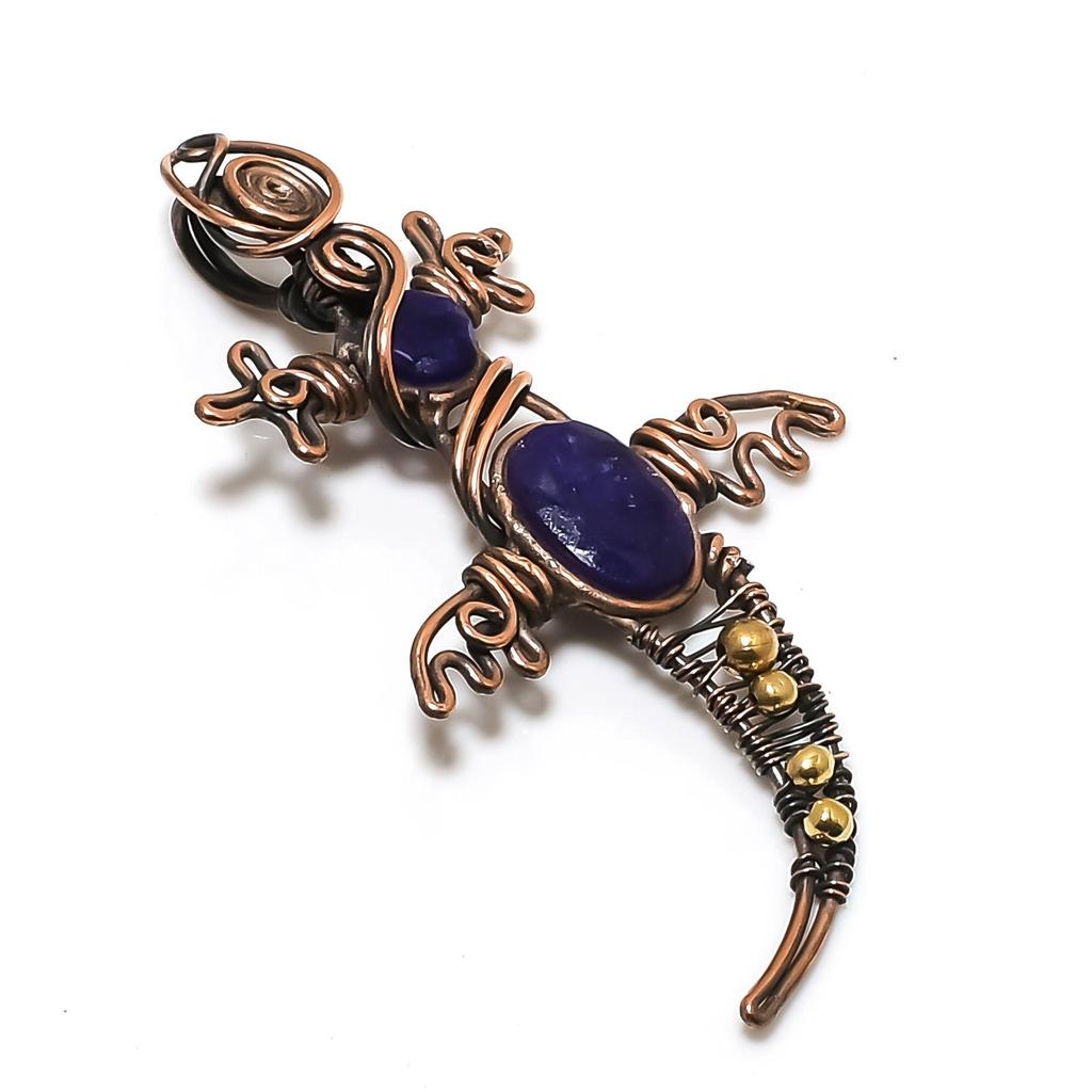 Blue Sapphire Pendant, Handmade Gemstone Pendant, 999 Copper Wire Wrapped Pendant Antique Jewelry, For Engagement Gift
