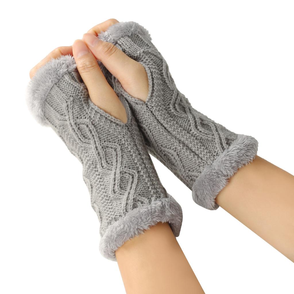 Women's Winter Warm Wool Gloves, Fingerless Diamond Knit Short Gloves