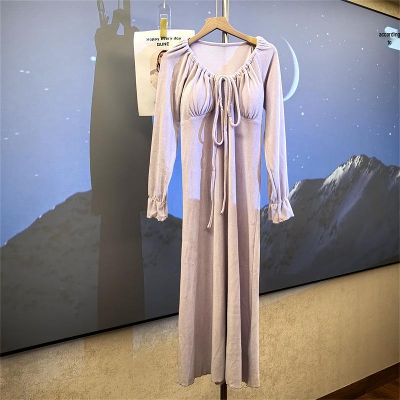 

Женская длинная ночная сорочка из бархата Sea Island европейского и американского стиля с нагрудными вкладышами - однотонная, на осень/зиму M