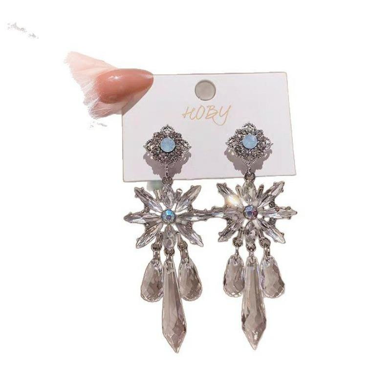 Silver Needle Diamond Flower Water Drop Tassel Earrings Exaggerated Earrings Light Luxury Premium Earrings Women
