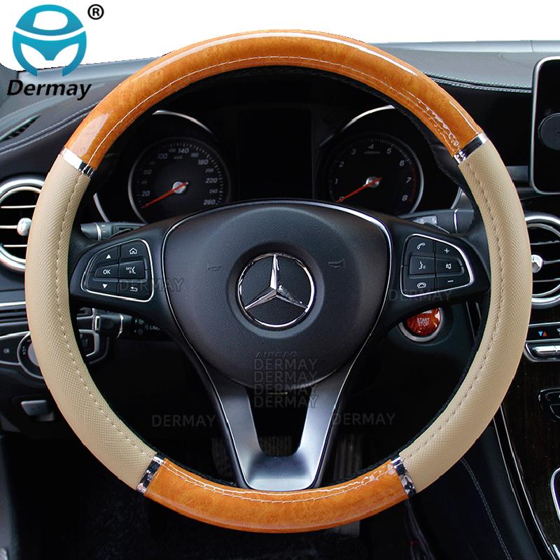 Universal Auto Car Steering Wheel Cover Mahogany Wood Leather Fit 37-38cm Wheel Car Steer Wheel Covers Car Interior