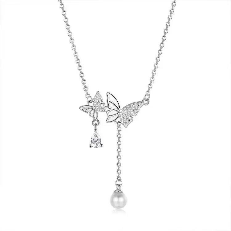 Double Butterfly Tassel Pendant Necklace Sweet Korean S925 Silver Pavé Set Anti Tarnish Daily Party Jewelry