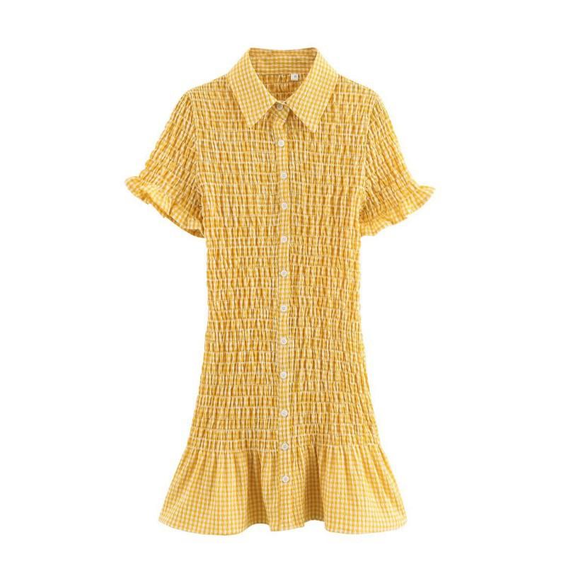 European American Women s Clothing Summer Tight Short Sleeve Small Checked Lapel Dress XS жёлтый