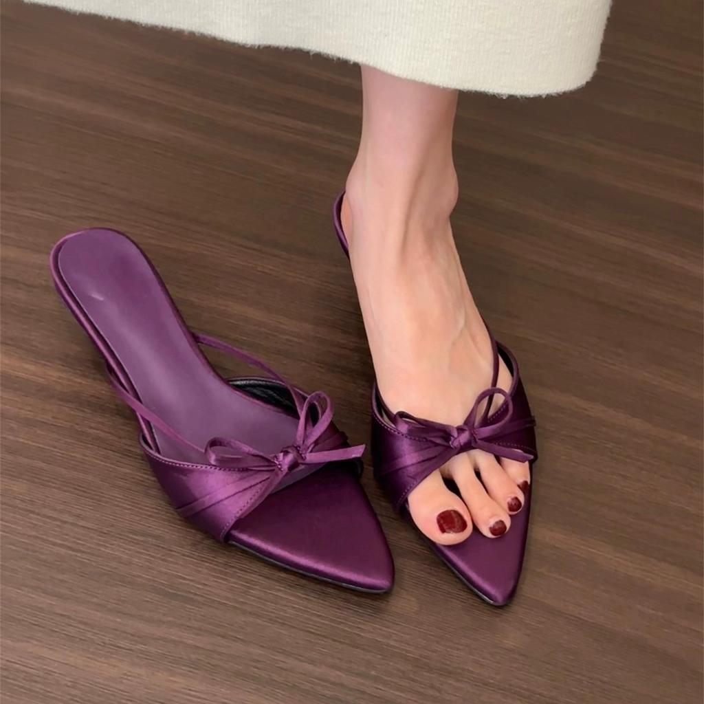 Purple Small High Heel Bow Cool Slippers Fairy Shoes Wear Summer French With Skirt Pointed Sandals