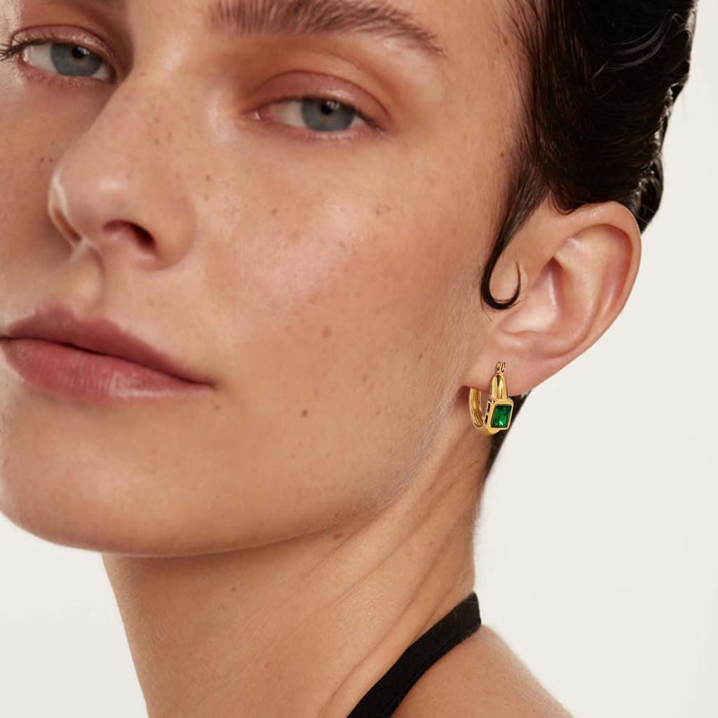 18K Gold Stainless Steel Geometric U-Shaped Stud Earrings with Shiny Cubic Zirconia