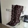 Street Style Winter Designer Women Knee-High Boots Fashion Pointed Toe Pleated Long Booties Female High Heels Shoes
