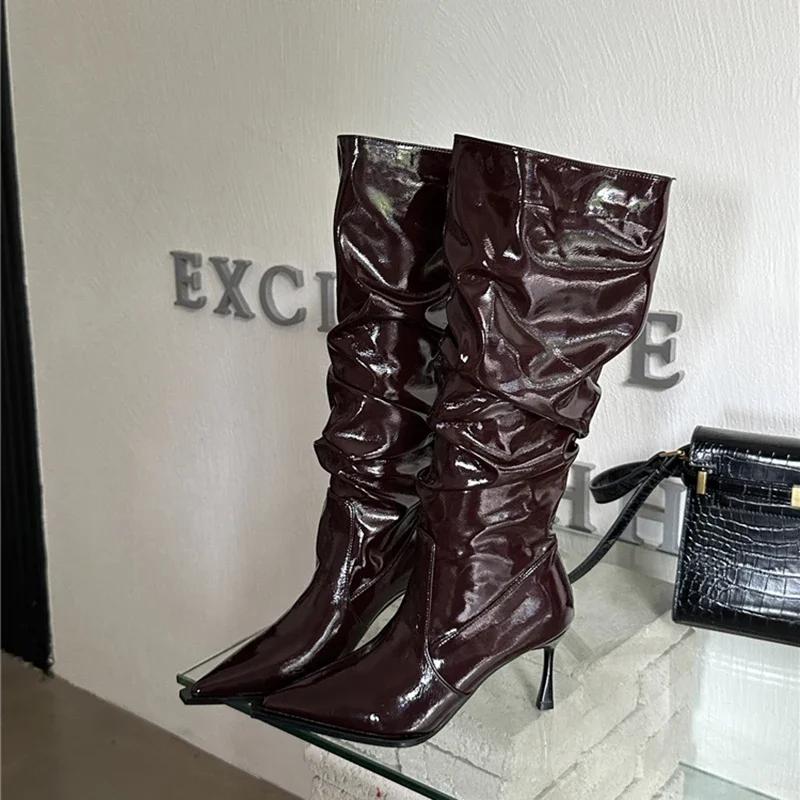 Street Style Winter Designer Women Knee-High Boots Fashion Pointed Toe Pleated Long Booties Female High Heels Shoes