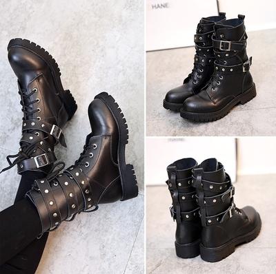 Women Motorcycle Boots Ladies Vintage Combat Army Punk Goth Ankle Shoes Women Biker Pu Leather Short Boots