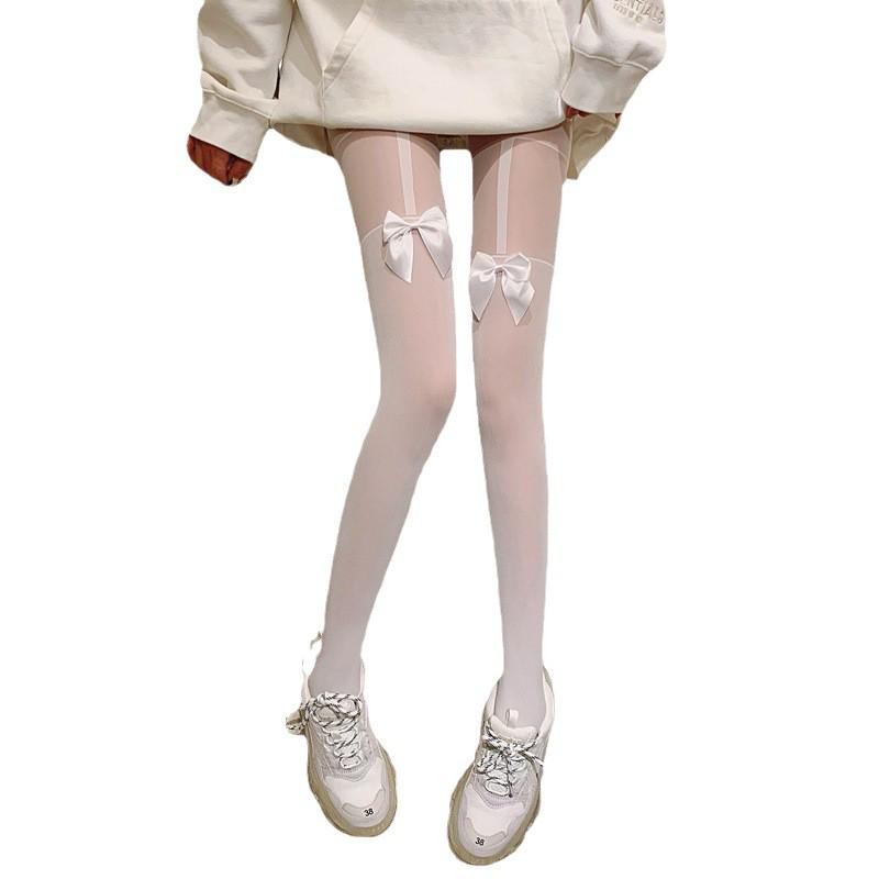 Black Silk Bowknot Garter Thigh-High Stockings - One-Piece Pantyhose for Spring & Autumn