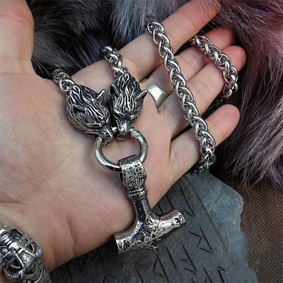 Nordic Vintage Men's 316L Stainless Steel Viking Wolf Head Thor Hammer Mjolnir Pendant Necklace Viking Men's Amulet Jewelry Gift