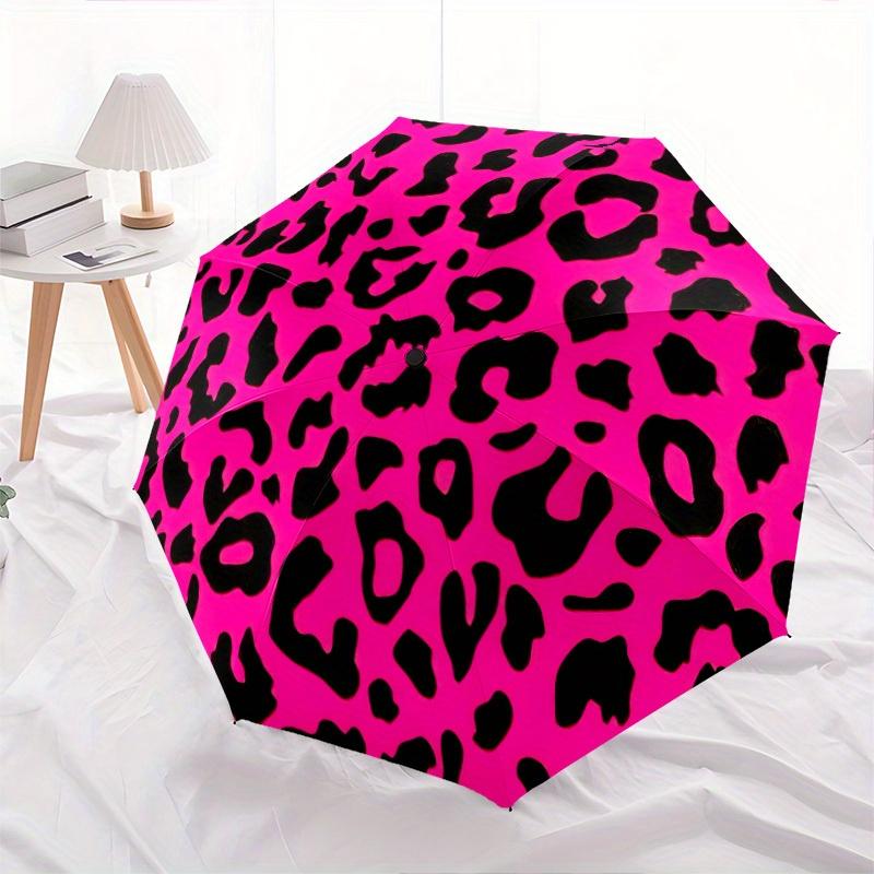 Stilvoller Leopardenmuster-Regenschirm mit 8-Speichen-Struktur - Automatischer, kompakter Reise-Regenschirm für alle Jahreszeiten, Pink & Schwarz