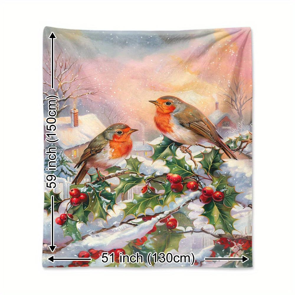 Watercolor Winter Town Blanket Christmas Birds Holly Berries Plants Soft Cozy Warm Throw for Bed Sofa Travel Gift