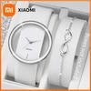 2PCS/Set Fashion Hollow Out Dial Women Watches Leather Band Analog Quartz Watch Silver Bracelet Set