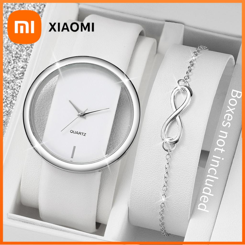 Xiaomi 2PCS/Set Fashion Hollow Out Dial Women Watches Leather Band Analog Quartz Watch Silver Bracelet Set