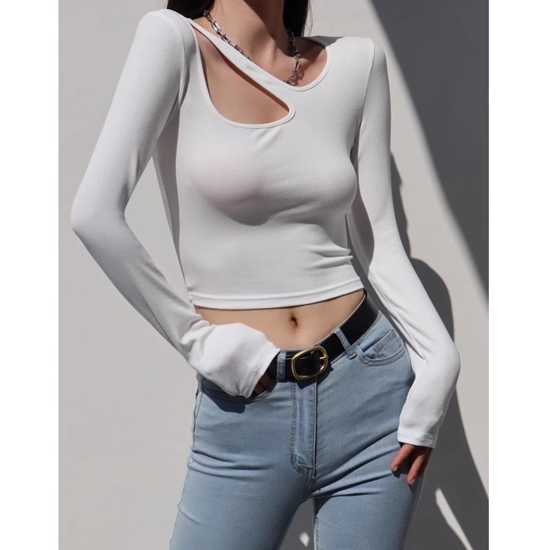 

Модная футболка с круглым вырезом, вырезами и длинными рукавами, женская, сексуальный дизайн с диагональным вырезом на плече, открывающим плечо, базовая футболка, шикарные топы с открытыми плечами, осень White M