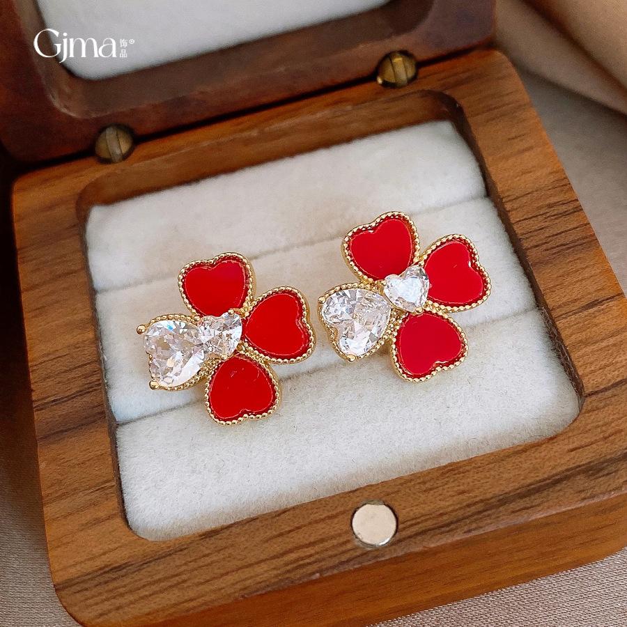 18K Zircon Red Love Flower Stud Earrings Elegant Earrings Women