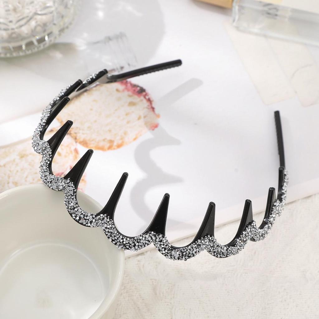 Korean Sparkly Rhinestone Flower Wavy Black Headband with Non-slip Teeth for Women