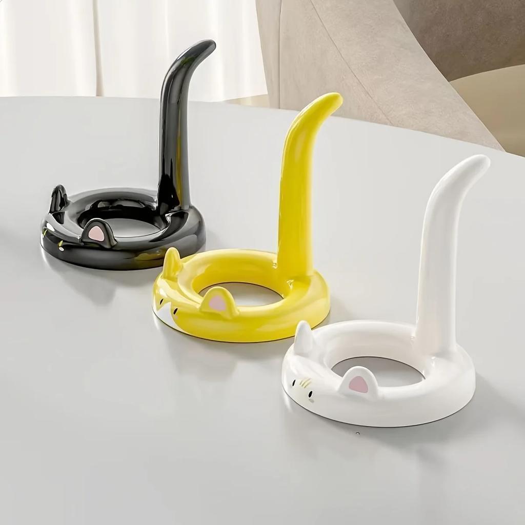 Creative Cat Phone Stand, Cute Plastic Cartoon Holder, Hands Free Horizontal Vertical Stand for Eating Watching, Free Sticker