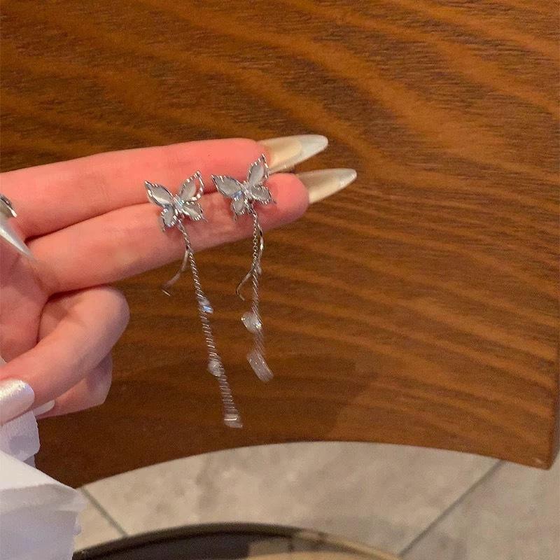 Luxury Niche Super Fairy Temperament Long Tassel Butterfly Earrings Women's Versatile High-end Zircon Earrings