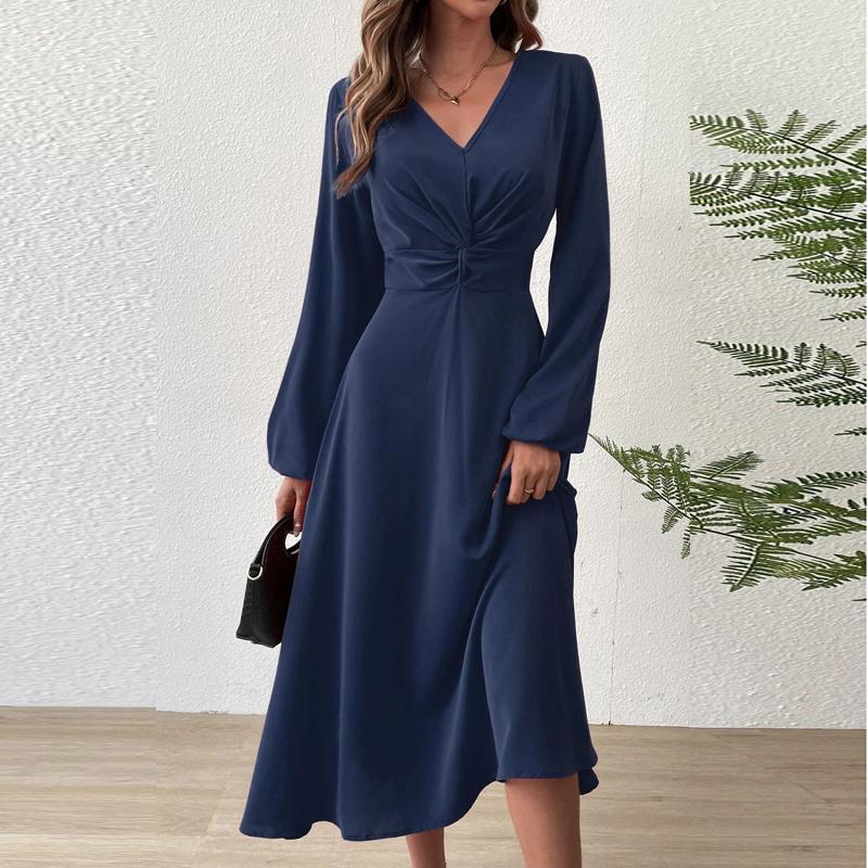 Spring and Summer Fashion V-Neck Lantern Long Sleeved Dress with Twisted Edges, Elegant Mid Length Dress