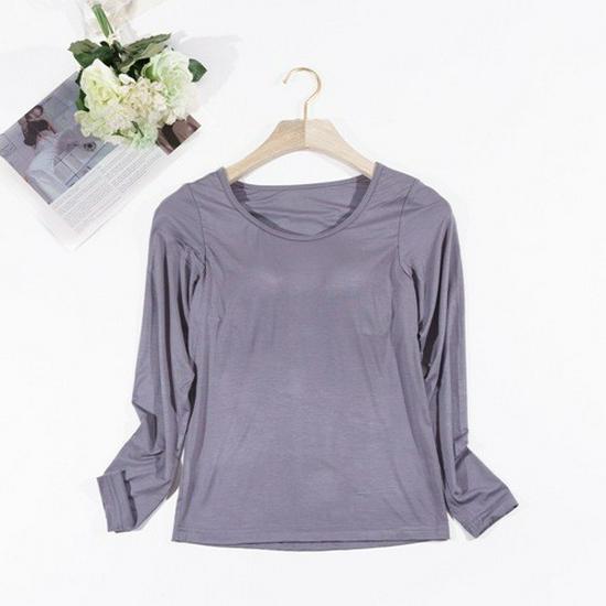 Modal Cup Integrated Long-Sleeve Women's Korean-Style Loose Pajama Top with Chest Pad