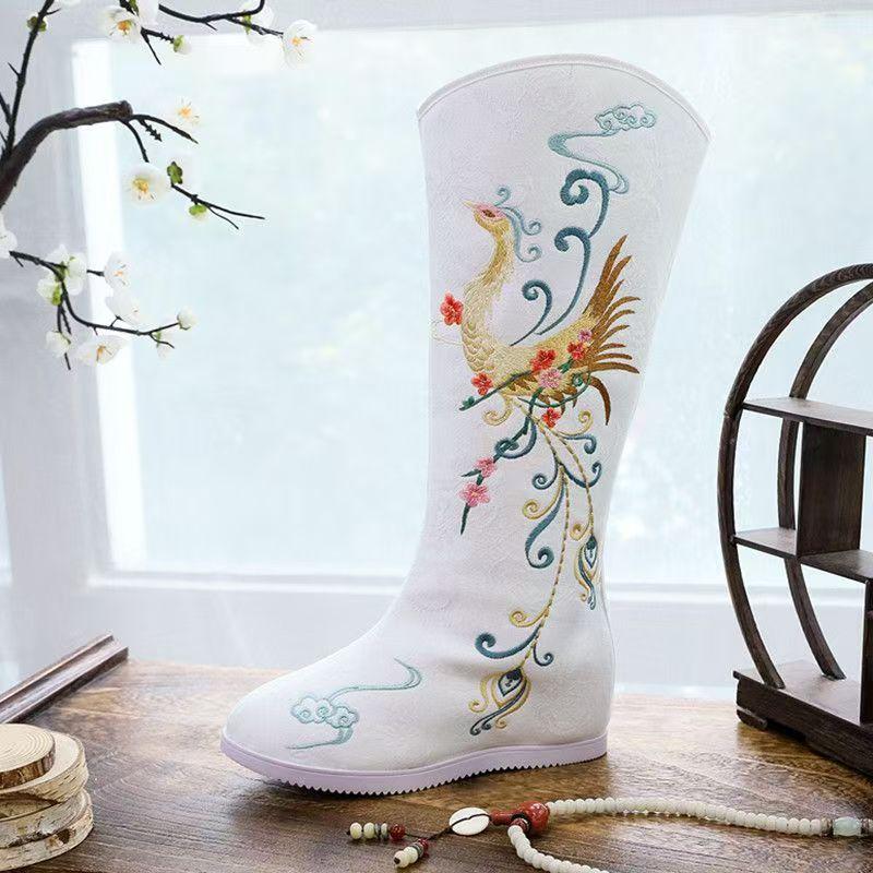 Botas de Mujer hasta la Rodilla Bordadas Otoño Invierno Nuevas con Plush Interno para Mantener el Calor Estilo Étnico de Caña Alta con Cremalleras Botas Hanfu