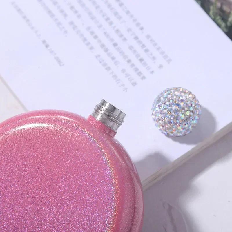 Rainbowl Round Double Wall Small Hip Flask Liquor Flasks Funny Crystal Flask Stainless Steel Portable Hip Flasks Crystal Lid