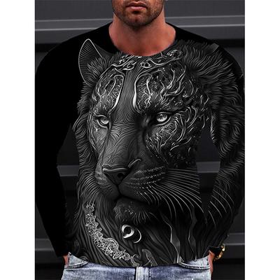 Herren Langarm Rundhalsausschnitt Print Wildes Tiermuster Y2K Mode Herrenhemd Langarm Street Retro Style Herrenbekleidung