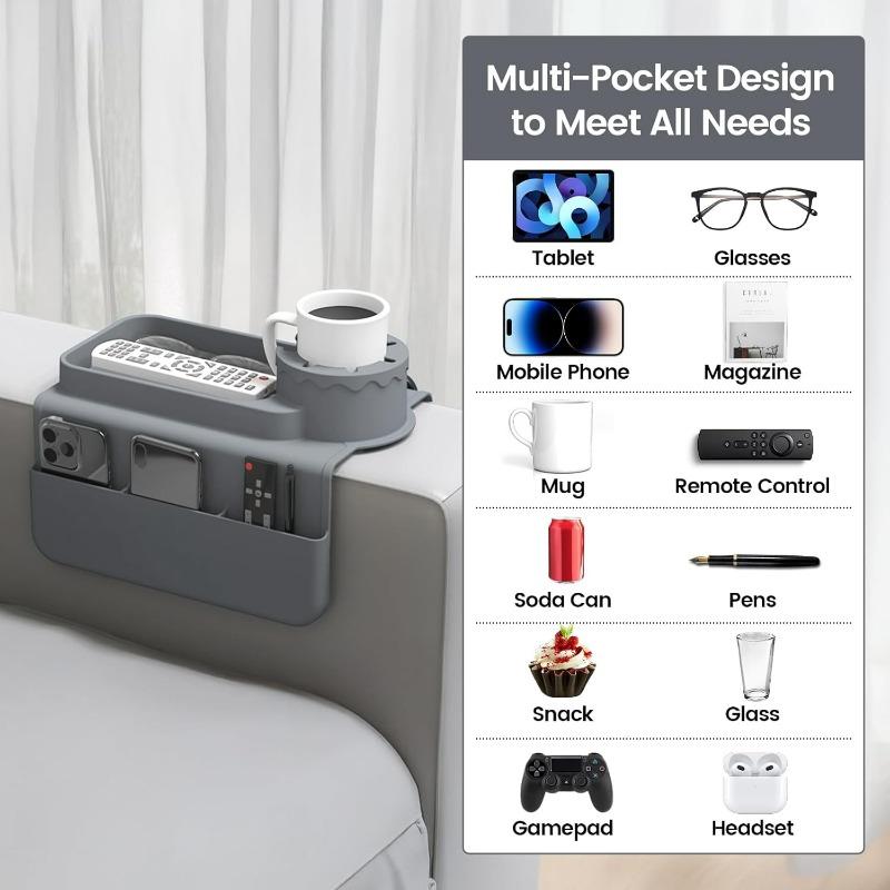 Couchtisch-Ablage mit Getränkehalter, Silikon-Sofa-Armlehnen-Organizer mit Zubehör-Seitentaschen zur Aufbewahrung von Fernbedienungen, Handy, Tablet oder Snacks