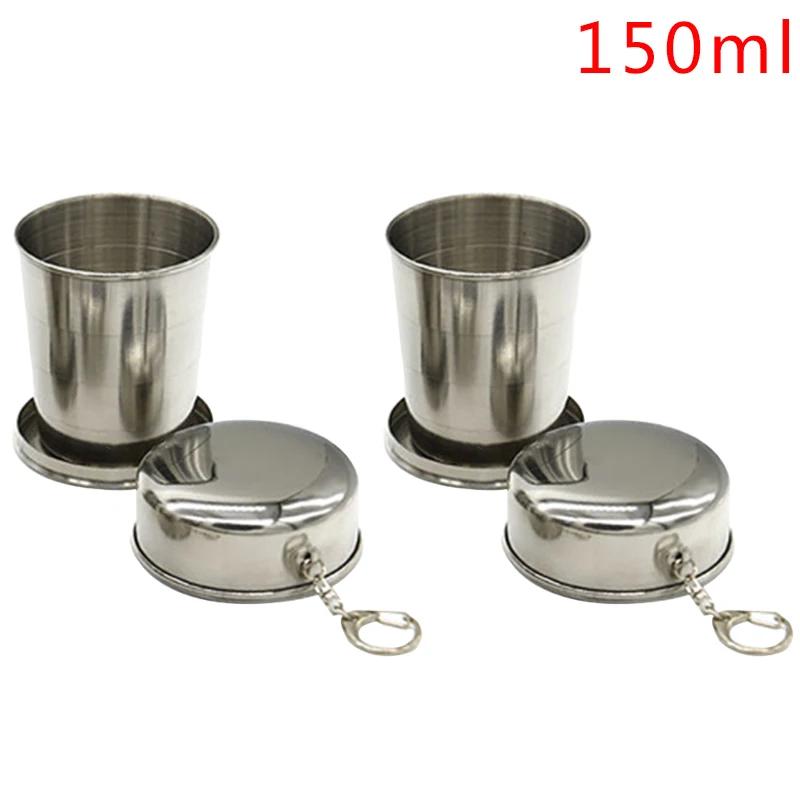 Taza plegable de acero inoxidable de 75ml/150ml/250ml, taza telescópica portátil para viajes al aire libre y Camping con llavero, taza de mano para agua y café