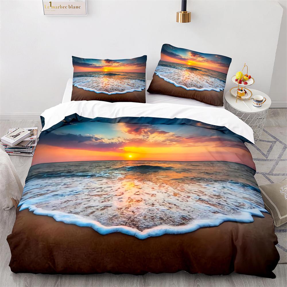 Beach Ocean Duvet Cover Set Sunset Hawaiian Waves Comforter Cover Tropical Island and Sea Beach Nature Polyester Bedding Set