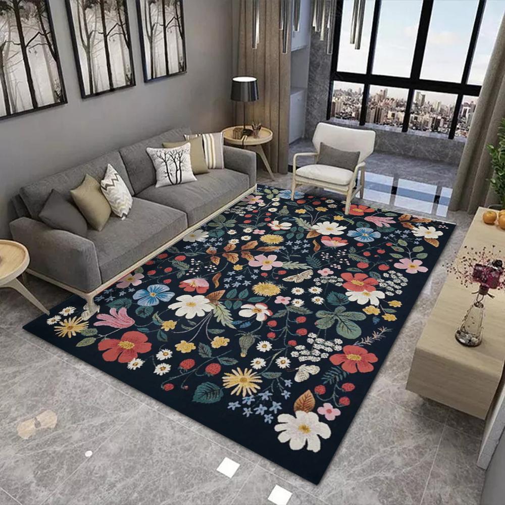 Vintage Floral Pattern Area Rug With Colorful Diverse Botanical Designs Classic Floor Decor Comfortable Carpet For Living Room