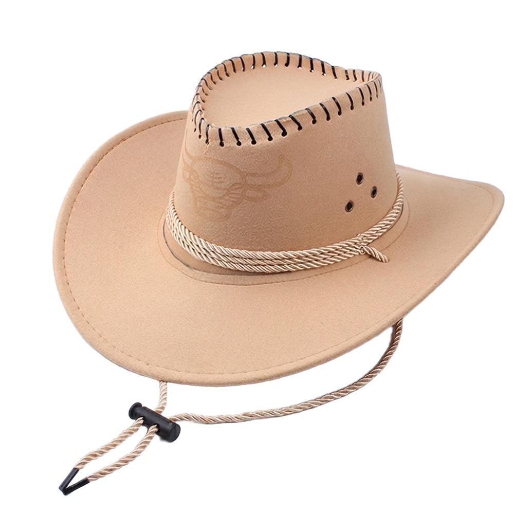 

New Artificial Suede Western Cowboy Hat Felt Curved Brim Roll Brim Cowgirl Cap Tibetan Style Ethnic Top Hat Outdoor Riding бежевый