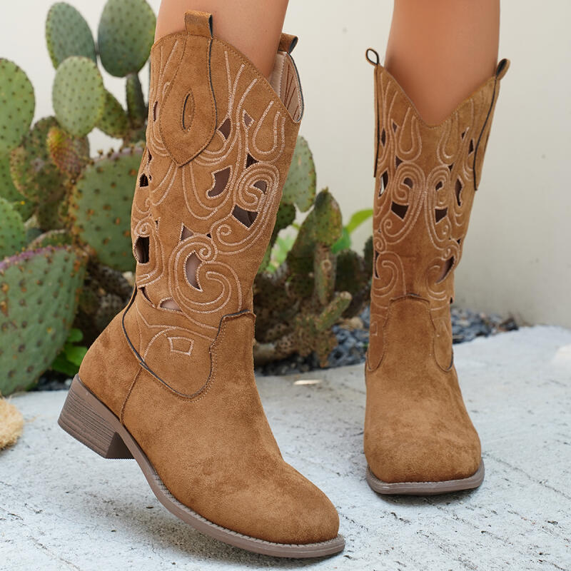 Classic Suede Western Cowboy Boots Women 2025 Autumn Vintage Hollow Out Medium Heel Riding Boots Ethnic Style Designer Shoes