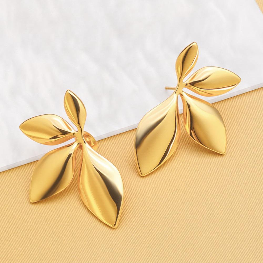 Fashion Temperament Stainless Steel Gold Color Shiny Surface Flower Petals Leaves Stud Earrings for Women Jewelry Accessory Gift