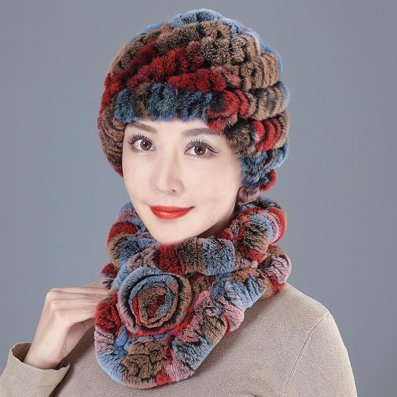 Middle-aged Rex rabbit hair hat female autumn and winter warm elderly grandmother ear protection fur mother wool scarf