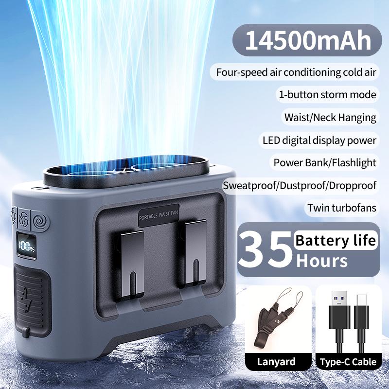 

5-скоростной портативный поясной вентилятор с мощным ветром, охлаждающий вентилятор для тела, носимый на поясе, вентилятор с аккумулятором 14500 мАч, шейный вентилятор для работы на открытом воздухе, кемпинга, путешествий