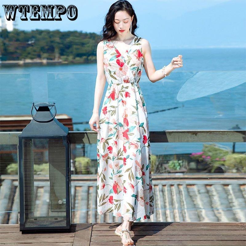 WTEMPO Women's Summer Halter Dress Beach Vacation Loose Print Beach Dress Floral Dress Bohemian Dress