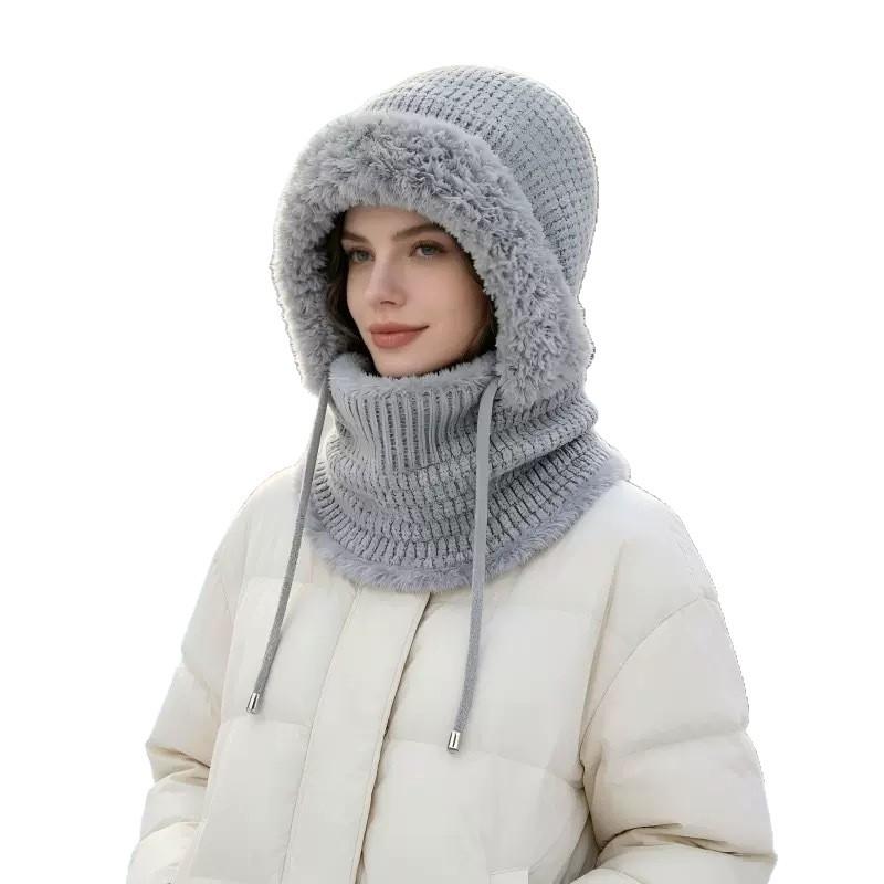 **Stor Hovedstørrelse Integreret Hue Kvinder Efterår Vinter Fleece Fortykket Ansigtsdækning Strikket Hue Halsedisse Maske Varm Pullover Balaclava**