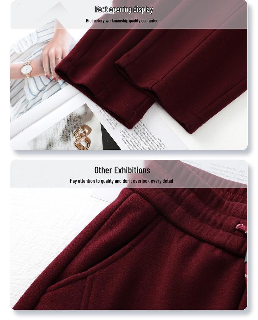 Ankola Women's Red Fleece-Lined Straight-Leg Banana Pants - Autumn/Winter 2024 Casual Style