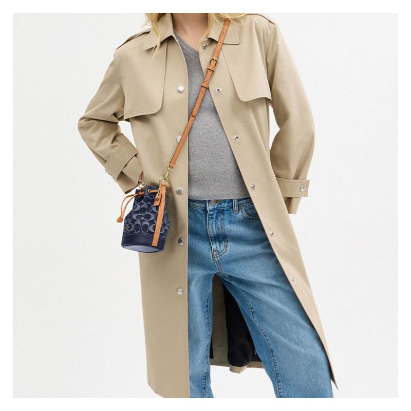 COACH Signature 14 Classic Signature Removable Shoulder Strap Fabric and Leather Bucket Bag Shoulder Crossbody Handbag Mini Women's Denim Blue