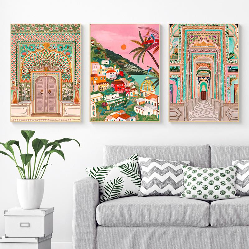 Vintage Watercolor Moroccan Porch Architecture Wall Art Canvas Painting Living Room Home Decor Pictures Posters and Prints