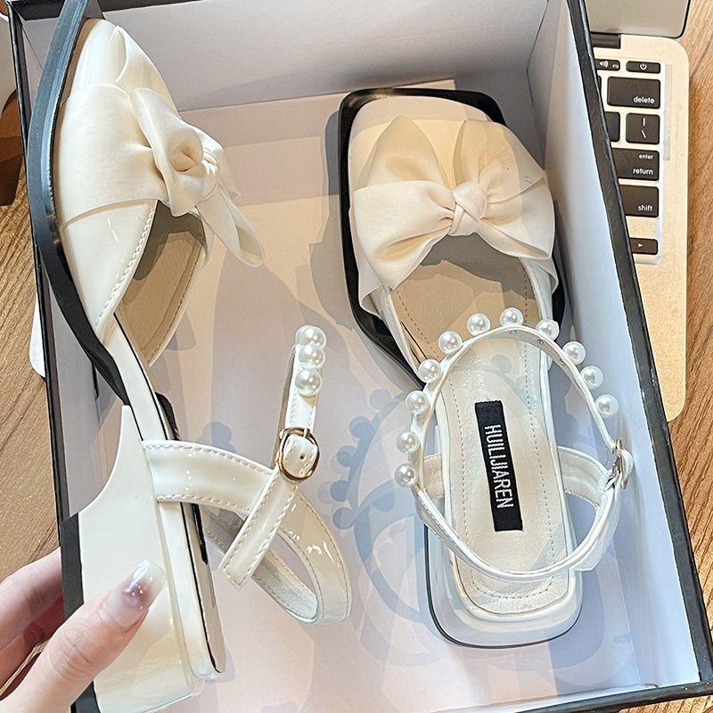Baotou sandals women's 2025 new summer bow pearl low medium heel small leather shoes wedge heel women's single shoes women's shoes