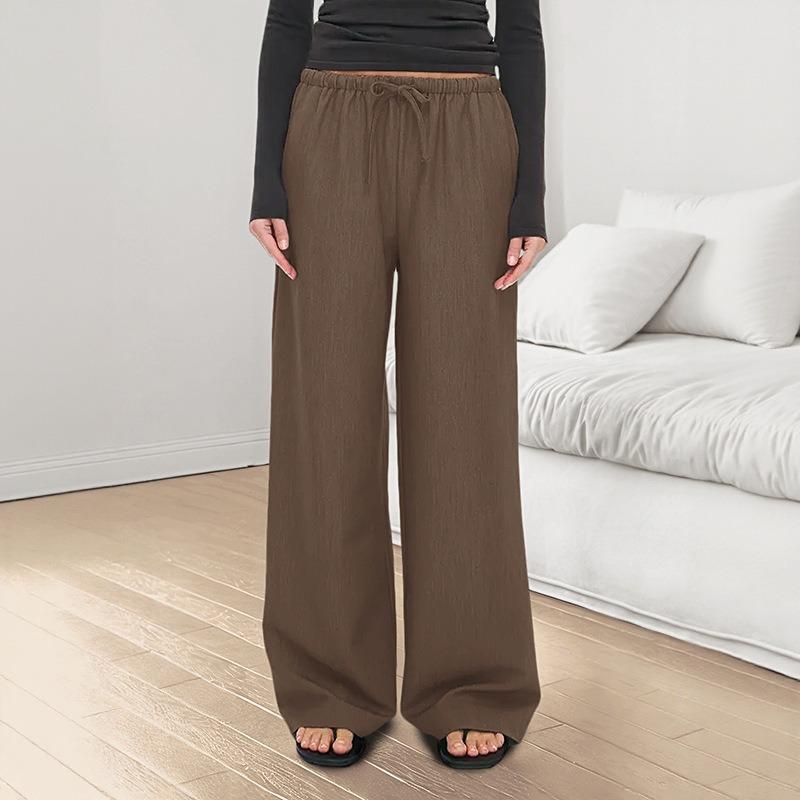 

Women High Waist Drawstring Loose Textured Wide Leg Casual Daily Lounge Long Pants S