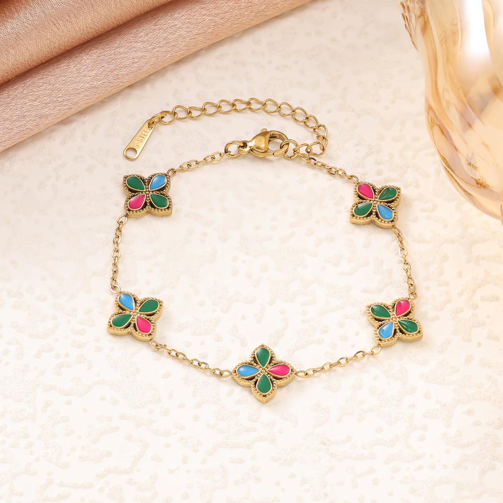 Colorful Four-Leaf Clover Titanium Steel Jewelry Set: Bracelet, Necklace & Stud Earrings